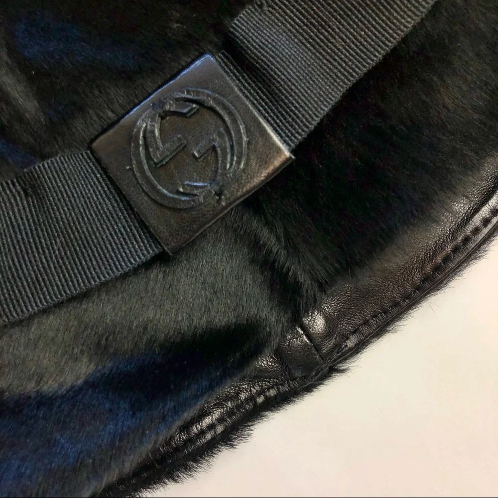 GUCCI Black Leather Fur Bucket GG Logo Hat M - Picture 3 of 16